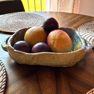 Handmade Studio Pottery Serving Tray Rustic Blue & Yellow Glaze‎ w/Pear Design